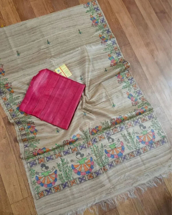Silkmark_Tussar_Beige_Madhubani_Joyful_Dupatta_&_Violet_Top