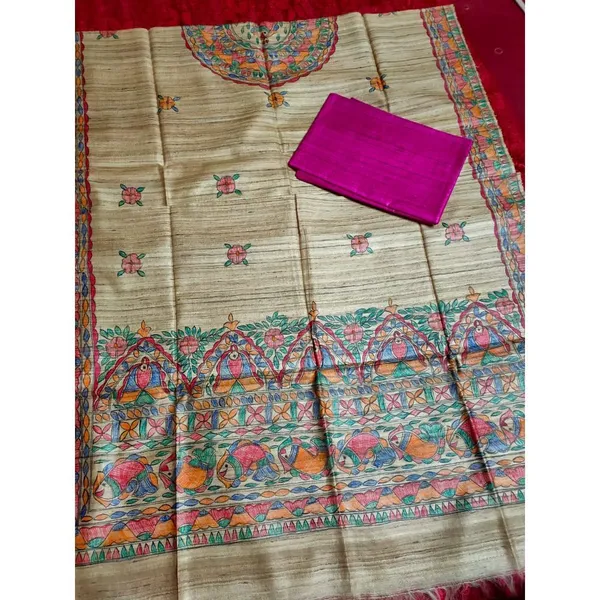 Silkmark_Tussar_Beige_Madhubani_Poised_Dupatta_&_Violet_Top