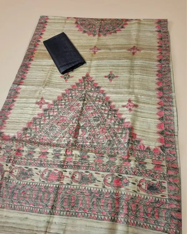 Silkmark_Tussar_Beige_Madhubani_Beaming_Dupatta_&_Gray_Top