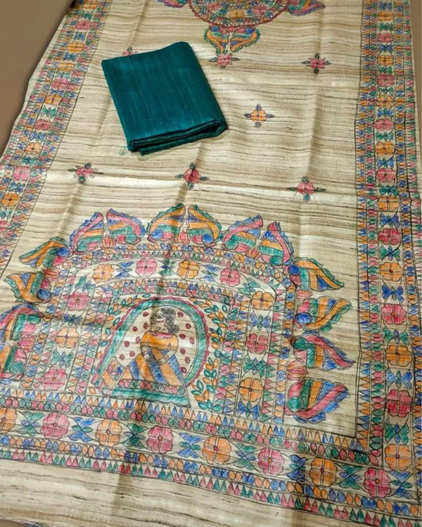 Silkmark_Tussar_Beige_Madhubani_Misty_Dupatta_&_Green_Top