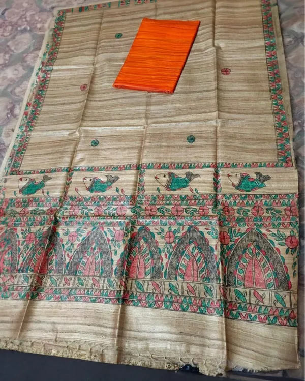 Silkmark_Tussar_Beige_Madhubani_Masterful_Dupatta_&_Top