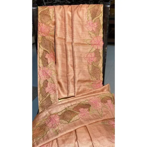 Silkmark_Certified_Unique_Pure_Tussar_Cutwork_Peach_Saree