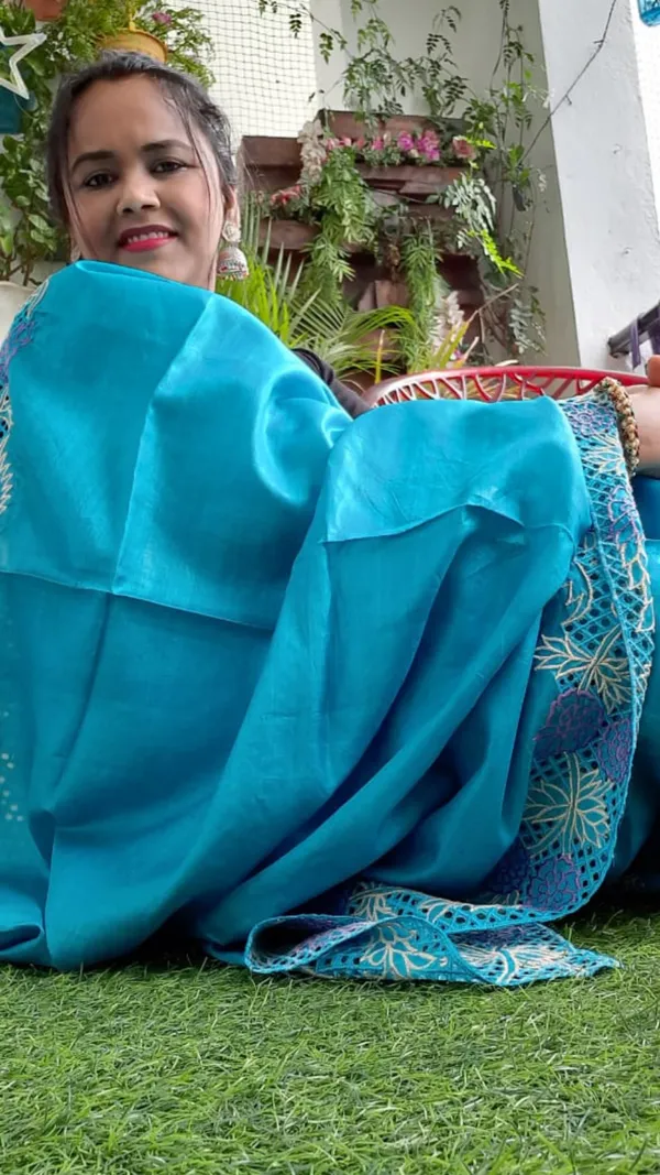 Silkmark_Certified_Lively_Pure_Tussar_Cutwork_Blue_Saree