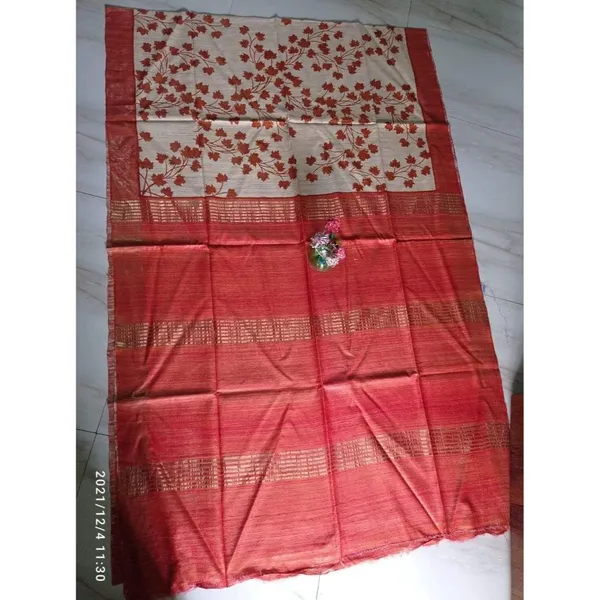 Silkmark_Tussar_Dynamic_Blockprint_Red_&_Cream_Saree
