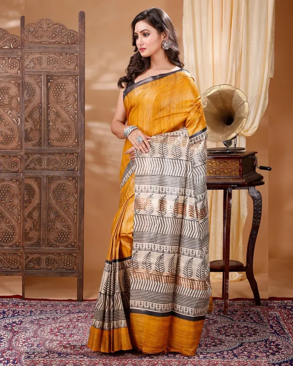 Silkmark_Tussar_Poetic_Blockprint_Yellow_&_Gray_Saree