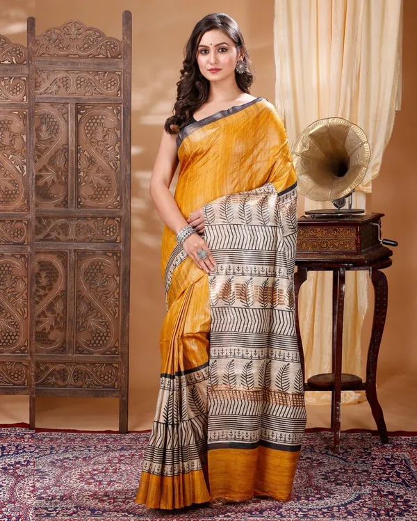 Silkmark_Tussar_Poetic_Blockprint_Yellow_&_Gray_Saree