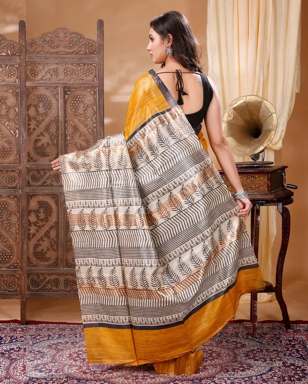 Silkmark_Tussar_Poetic_Blockprint_Yellow_&_Gray_Saree
