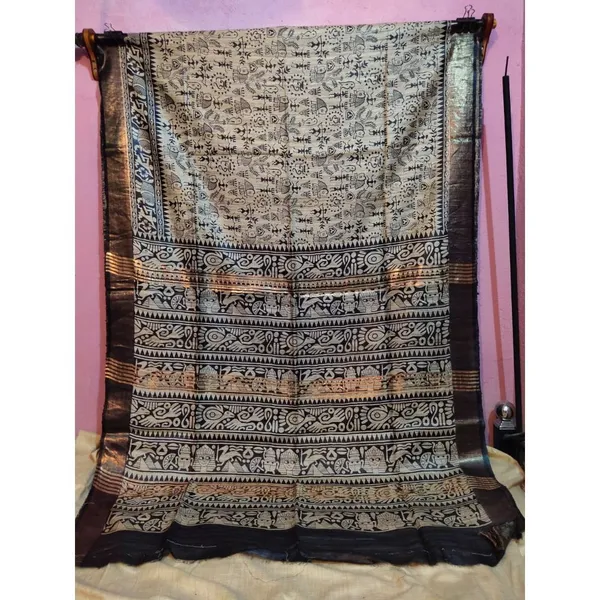 Silkmark_Tussar_Glowing_Blockprint_Gray_&_Black_Saree