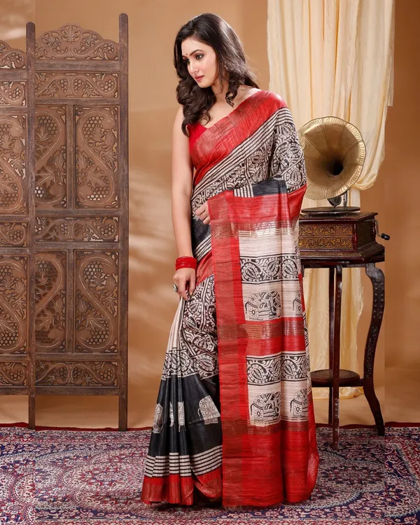 Silkmark_Tussar_Bright_Blockprint_Black_&_Cream_Saree