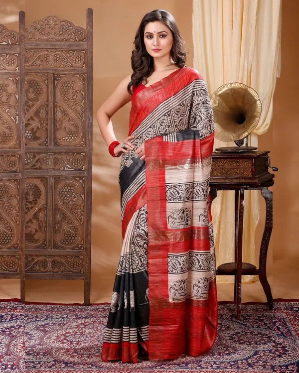 Silkmark_Tussar_Bright_Blockprint_Black_&_Cream_Saree