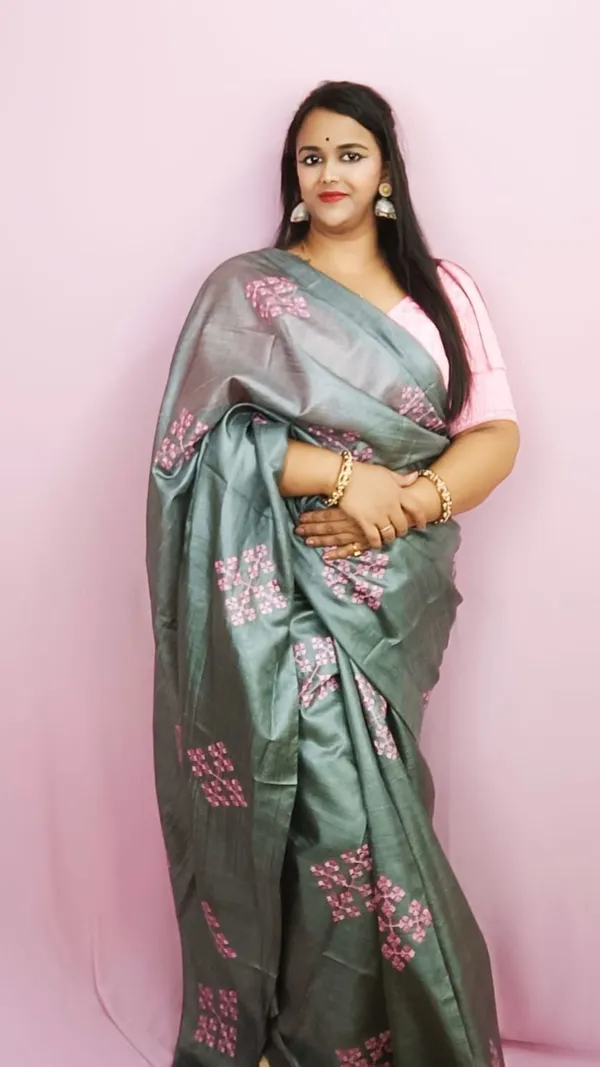 Silkmark_Pure_Tussar_Modern_Embroidered_Gray_Saree
