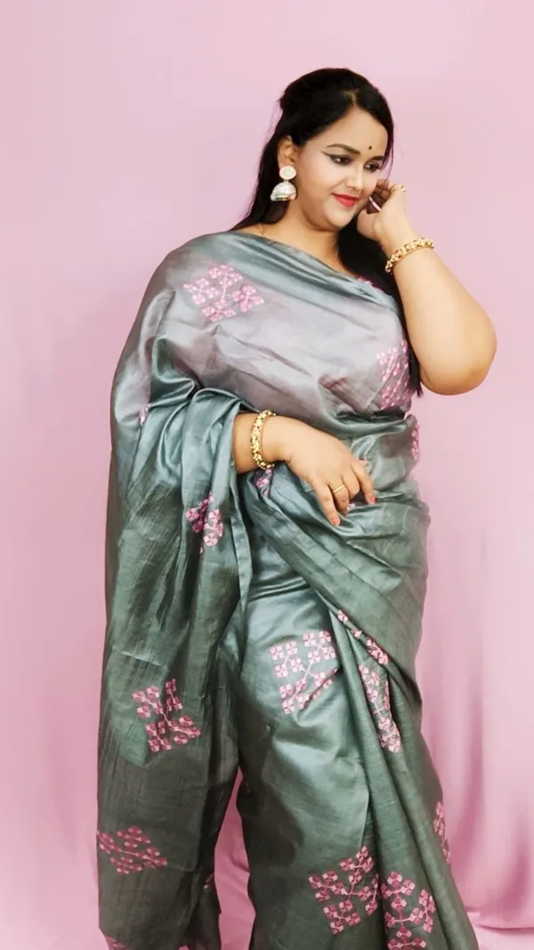 Silkmark_Pure_Tussar_Modern_Embroidered_Gray_Saree