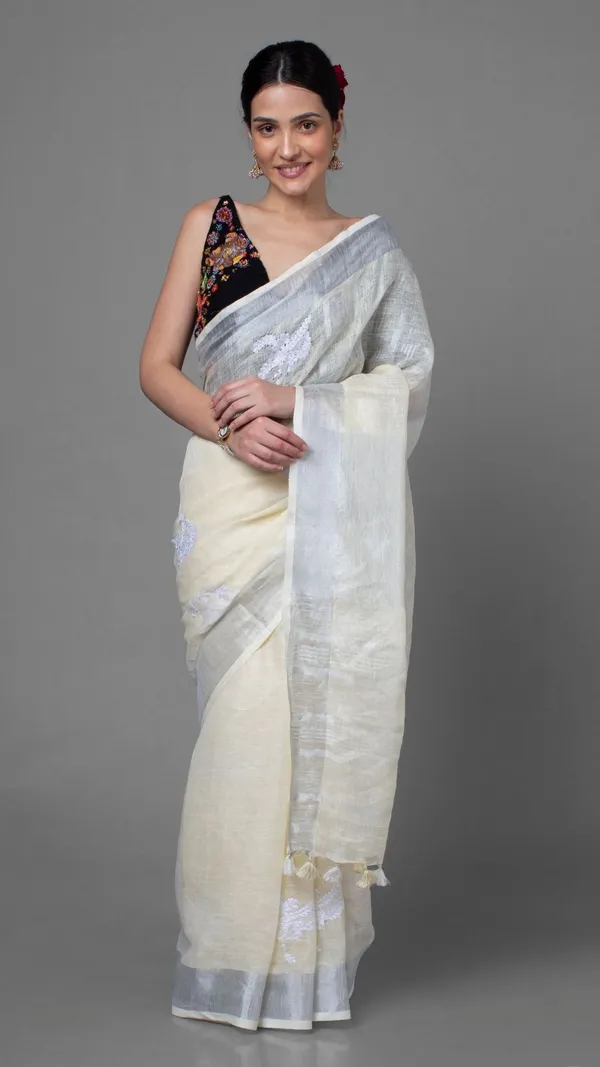 Vivid_Pure_Linen_Embroidered_Handloom_Off_White_Saree