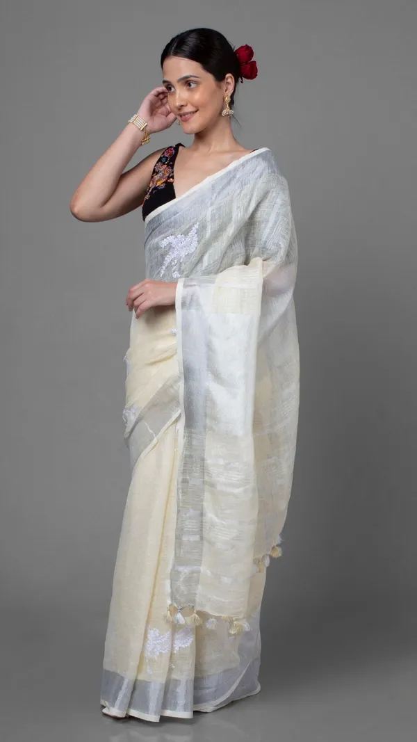 Vivid_Pure_Linen_Embroidered_Handloom_Off_White_Saree