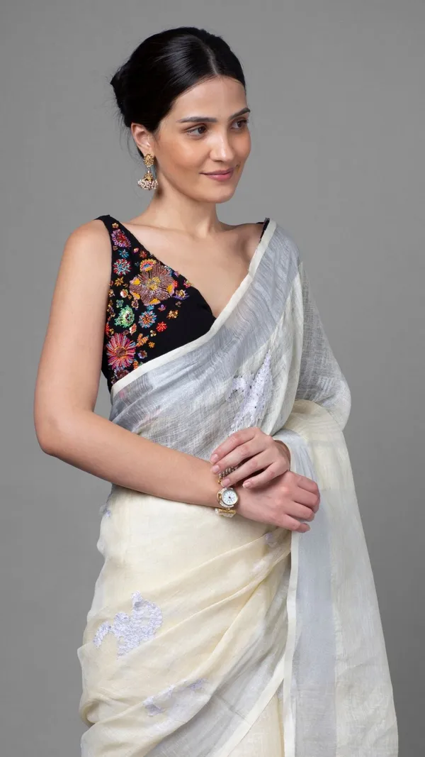 Vivid_Pure_Linen_Embroidered_Handloom_Off_White_Saree