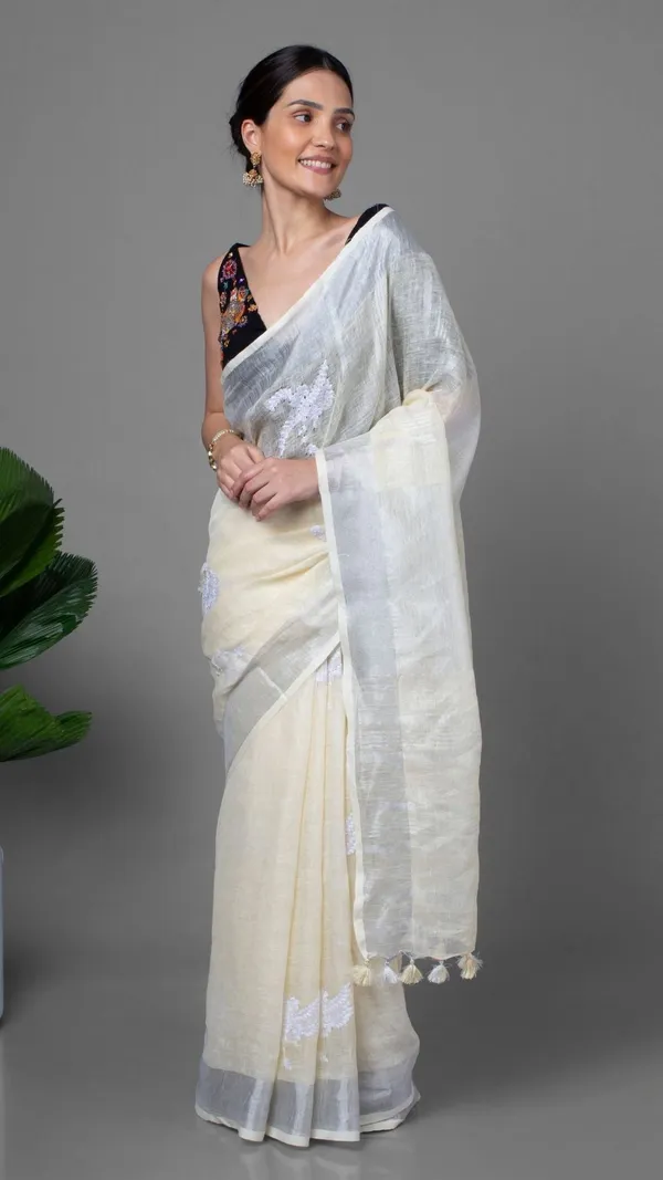 Vivid_Pure_Linen_Embroidered_Handloom_Off_White_Saree