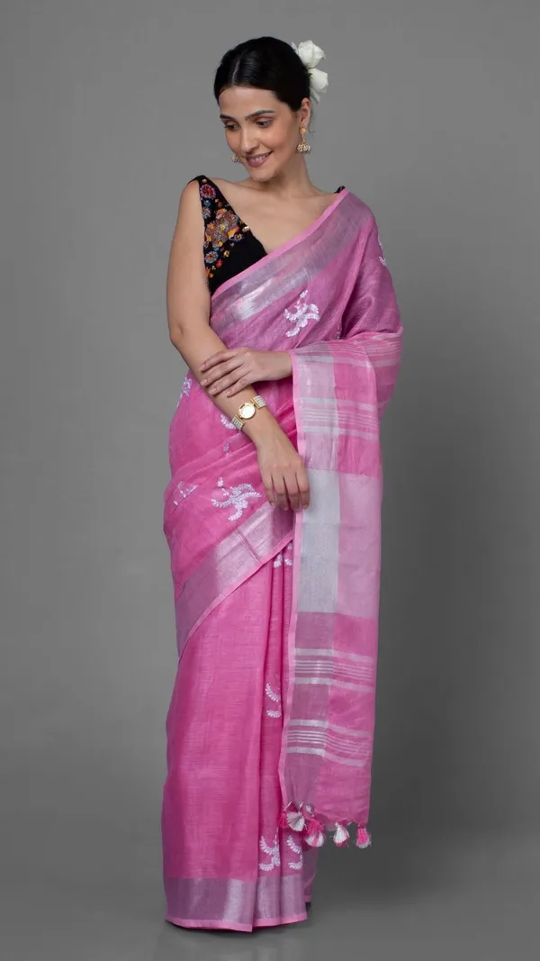 Blissful_Pure_Linen_Embroidered_Handloom_Pink_Saree