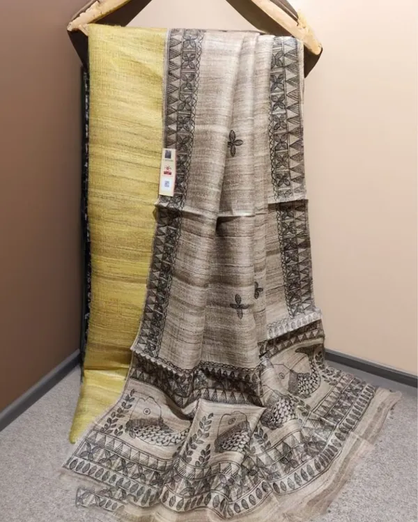 Silkmark_Tussar_Beige_Madhubani_Lucid_Dupatta_&_Yellow_Top