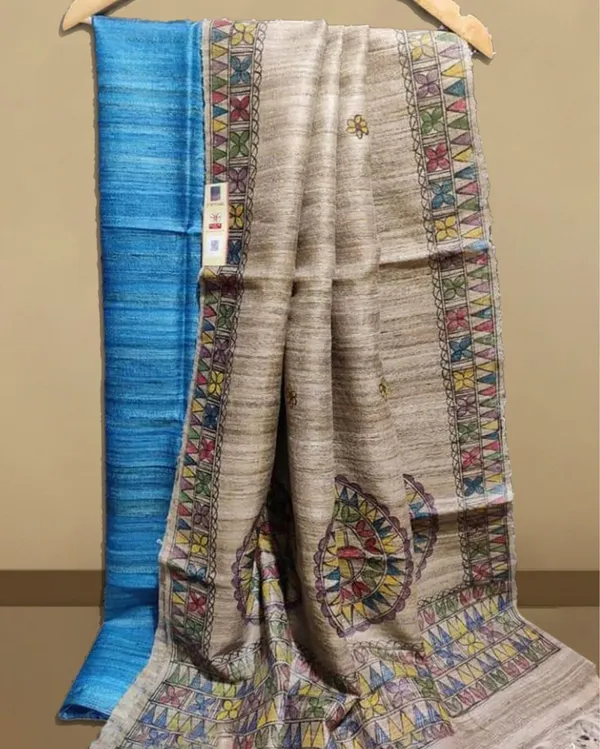 Silkmark_Tussar_Beige_Madhubani_Brilliant_Dupatta_&_Blue_Top