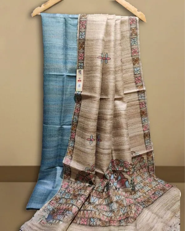 Silkmark_Tussar_Beige_Madhubani_Timeless_Dupatta_&_Blue_Top