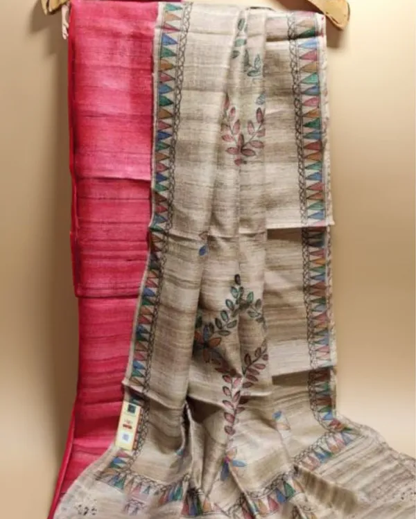 Silkmark_Tussar_Beige_Madhubani_Blushing_Dupatta_&_Pink_Top