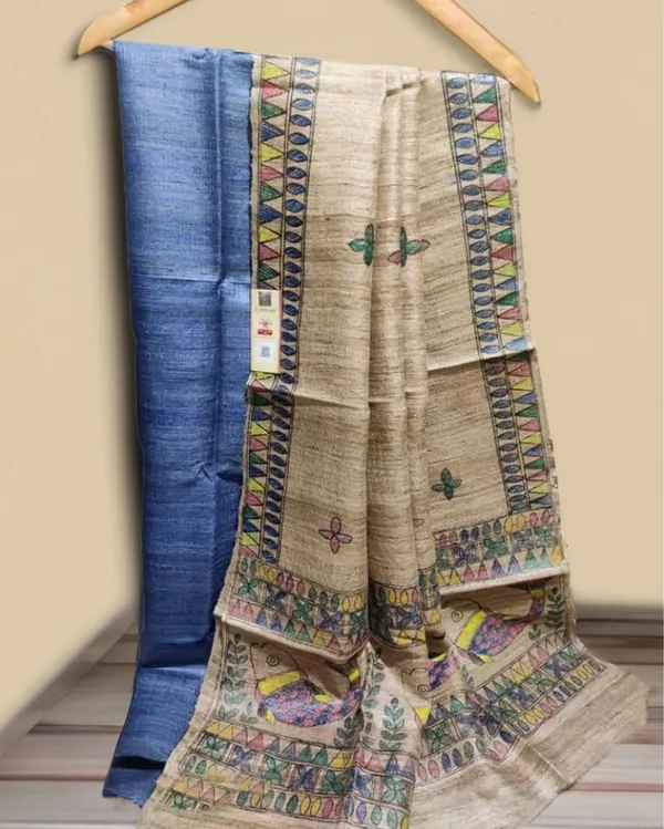 Silkmark_Tussar_Beige_Madhubani_Sparkling_Dupatta_&_Blue_Top