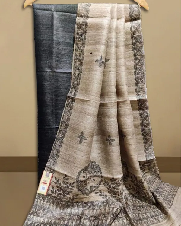 Silkmark_Tussar_Beige_Madhubani_Ethereal_Dupatta_&_Black_Top