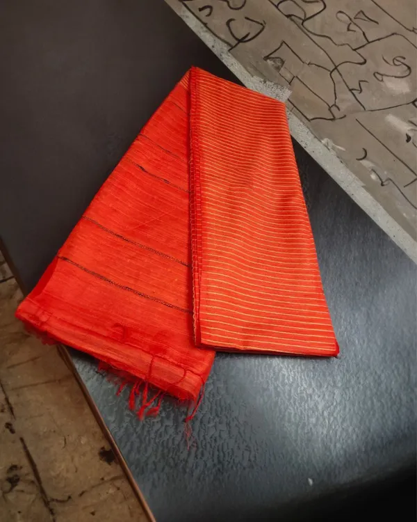 Striped_Katan_Silk_Saree_Orange_Handcrafted