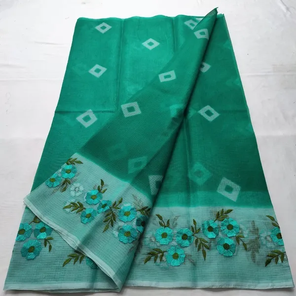 Artistic_Bandhej_Kota_Doria_Embroidery_Green_Saree_Handdyed