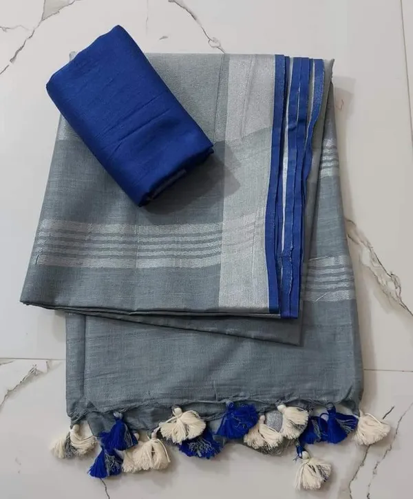 Smoky_Slub_Linen_Hand_Dyed_Gray_&_Blue_Saree