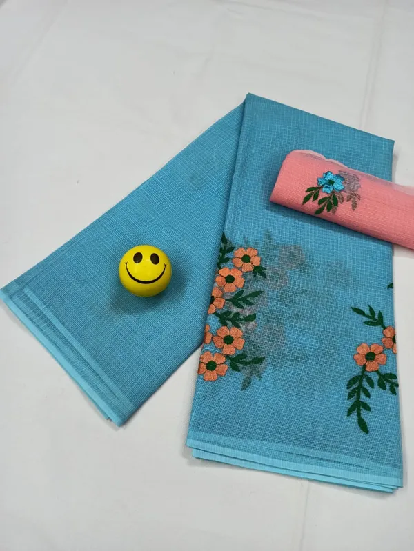 Stylish_Kota_Doria_Blue_Pure_Cotton_Floral_Embroidery_Saree