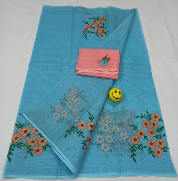 Stylish_Kota_Doria_Blue_Pure_Cotton_Floral_Embroidery_Saree