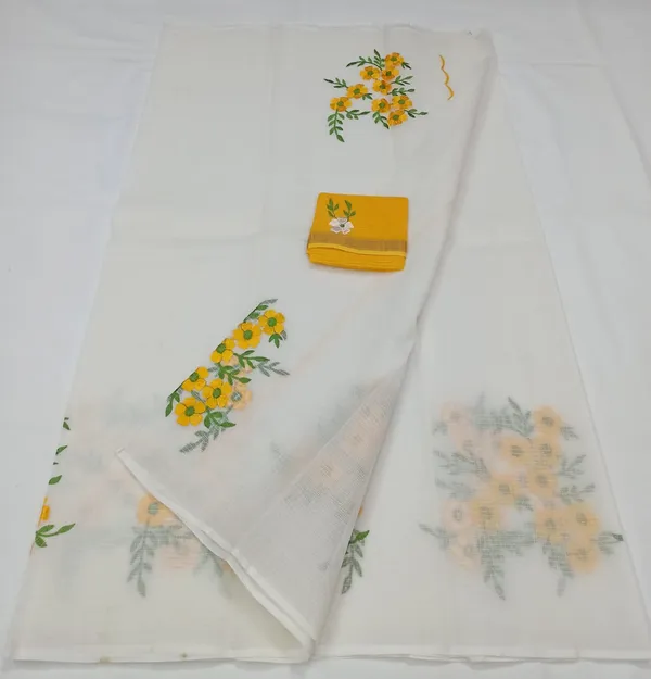 Elegant_Kota_Doria_White_Pure_Cotton_Floral_Embroidery_Saree