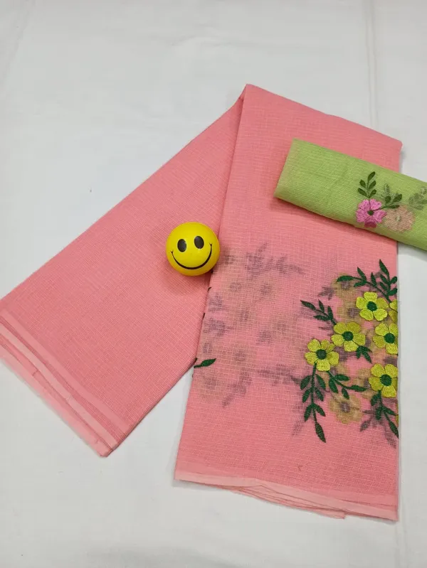 Playful_Kota_Doria_Peach_Pure_Cotton_Floral_Embroidery_Saree