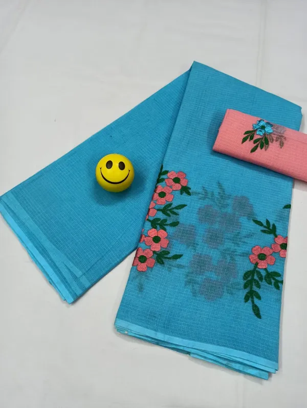 Elegant_Kota_Doria_Blue_Pure_Cotton_Floral_Embroidery_Saree