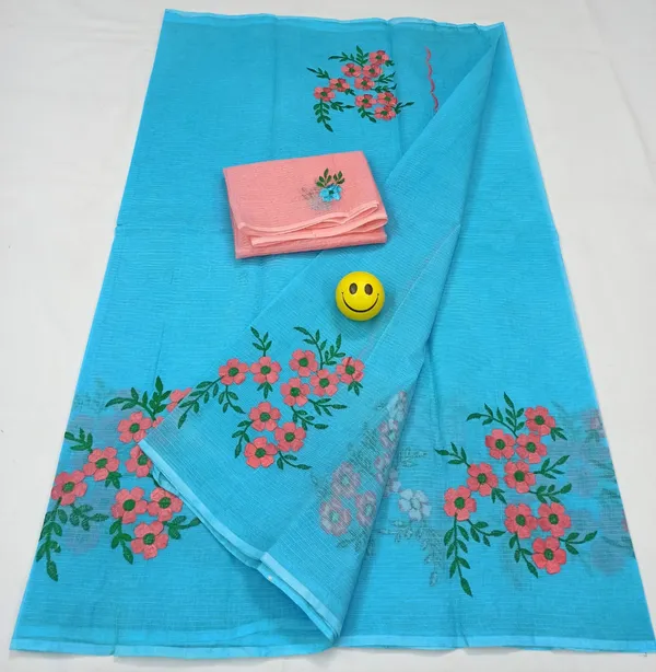 Elegant_Kota_Doria_Blue_Pure_Cotton_Floral_Embroidery_Saree