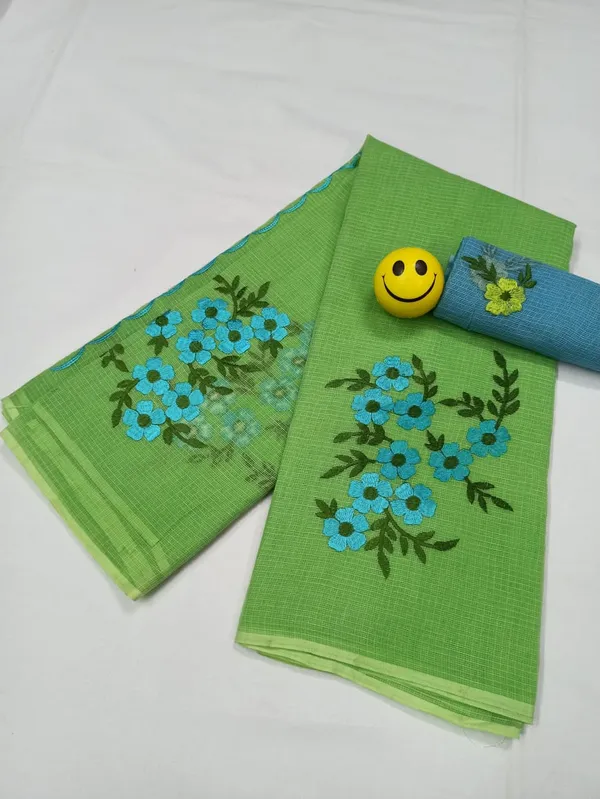Vibrant_Kota_Doria_Green_Pure_Cotton_Floral_Embroidery_Saree