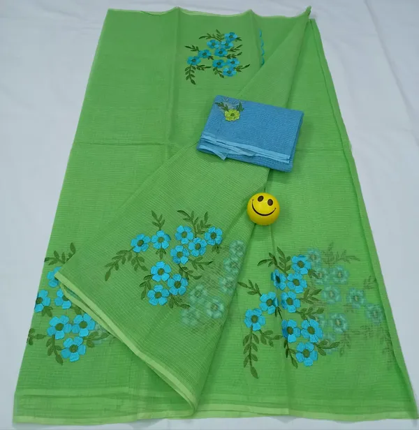 Vibrant_Kota_Doria_Green_Pure_Cotton_Floral_Embroidery_Saree