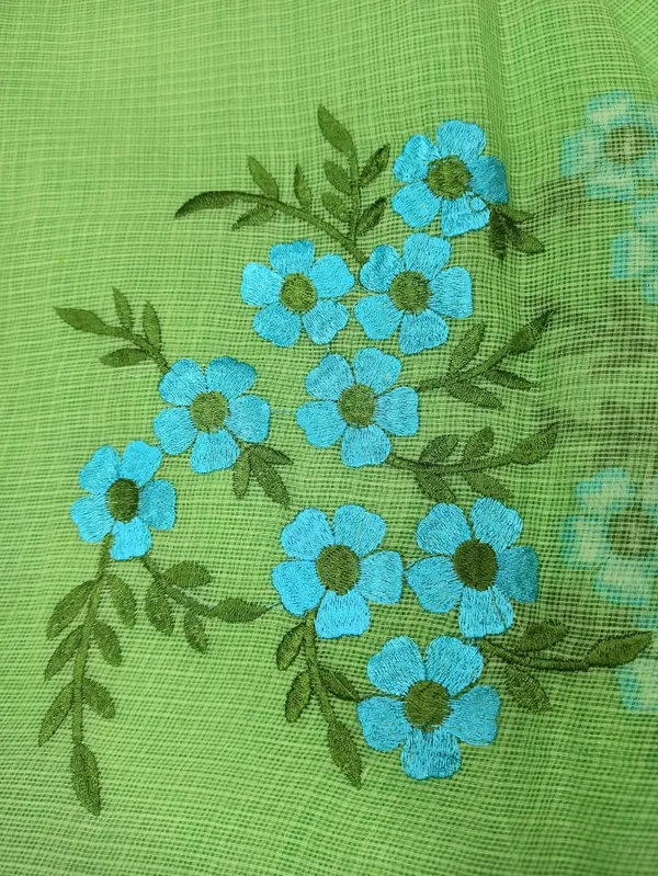 Vibrant_Kota_Doria_Green_Pure_Cotton_Floral_Embroidery_Saree