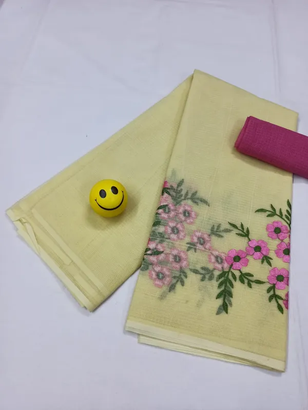 Vibrant_Kota_Doria_Yellow_Pure_Cotton_Floral_Embroidery_Saree