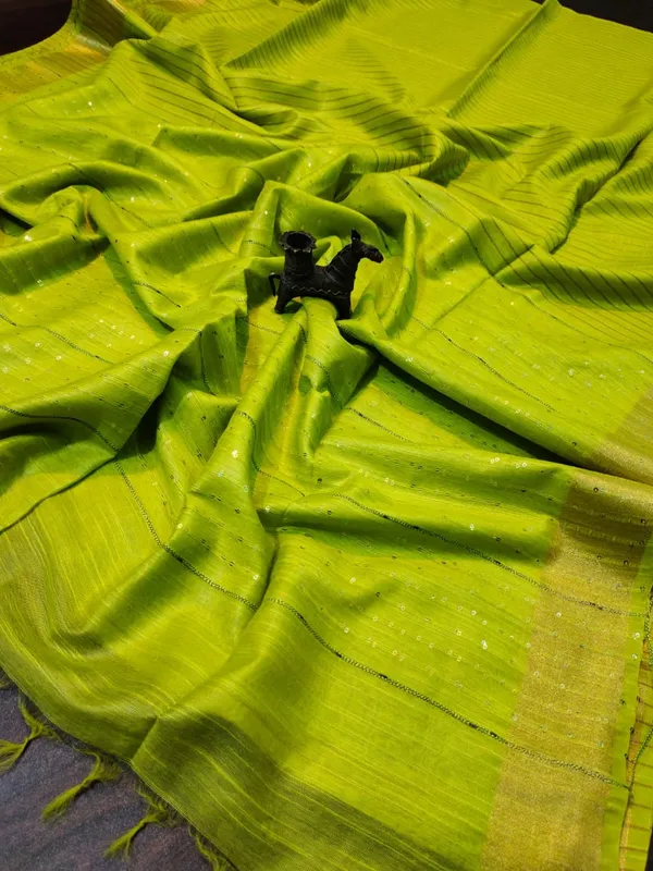 Striped_Kota_Slub_Sequence_Pallu_Saree_Hand_Dyed_Citrus_Green