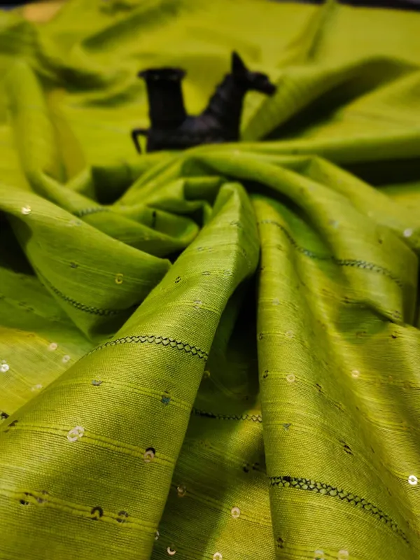 Striped_Kota_Slub_Sequence_Pallu_Saree_Hand_Dyed_Citrus_Green