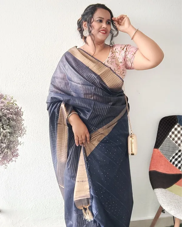 Striped_Kota_Slub_Sequence_Pallu_Saree_Hand_Dyed_Navy_Blue