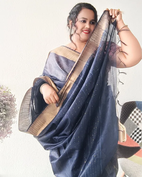 Striped_Kota_Slub_Sequence_Pallu_Saree_Hand_Dyed_Navy_Blue