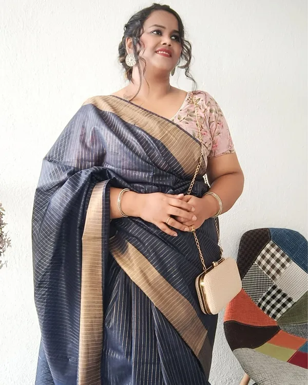 Striped_Kota_Slub_Sequence_Pallu_Saree_Hand_Dyed_Navy_Blue