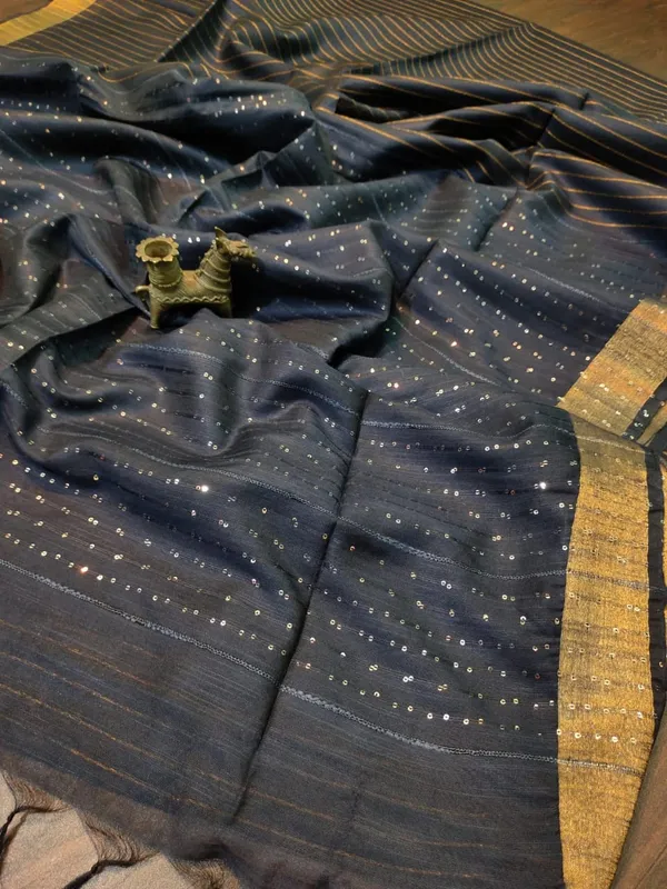 Striped_Kota_Slub_Sequence_Pallu_Saree_Hand_Dyed_Navy_Blue