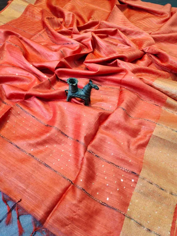Striped_Kota_Slub_Sequence_Pallu_Saree_Hand_Dyed_Flamingo_Orange