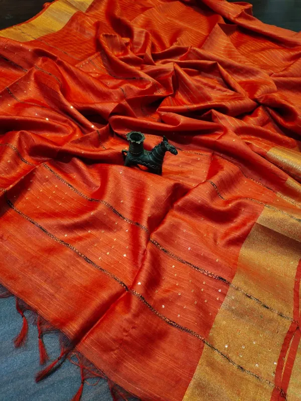Striped_Kota_Slub_Sequence_Pallu_Saree_Hand_Dyed_Orange