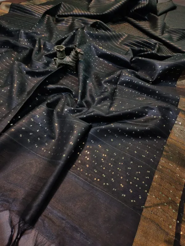 Striped_Kota_Slub_Sequence_Pallu_Saree_Hand_Dyed_Black