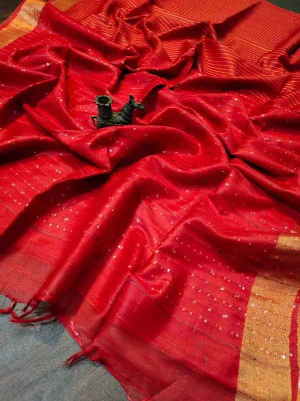 Striped_Kota_Slub_Sequence_Pallu_Saree_Hand_Dyed_Red